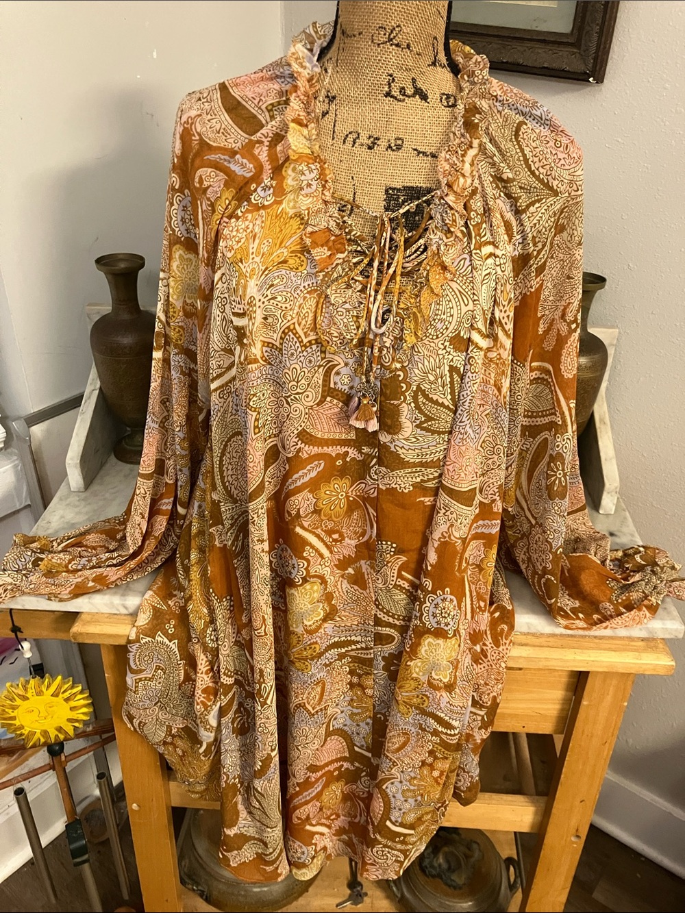 Haute Hippie Rust & Cream Paisley V-Neck Dress Sexy Fabulous Bohemian Look XL!